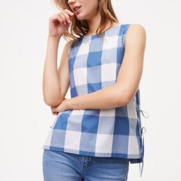 LOFT Ann Taylor Blue Check Plaid Side Tie Tank - Picture 2 of 7